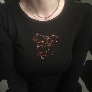 black bedazzled orange cat long sleeve T-shirt